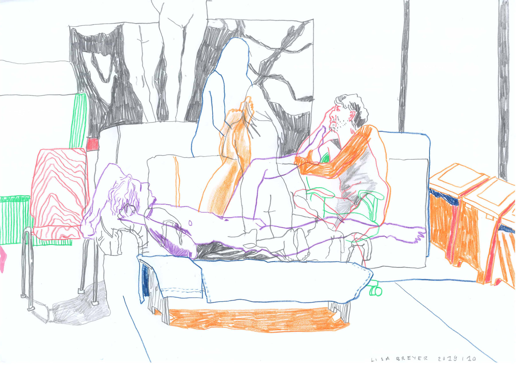 Formation mit Spiegel und Mülleimer, colored pencil on paper, 42 x 29 cm, 2019 Lisa Breyer