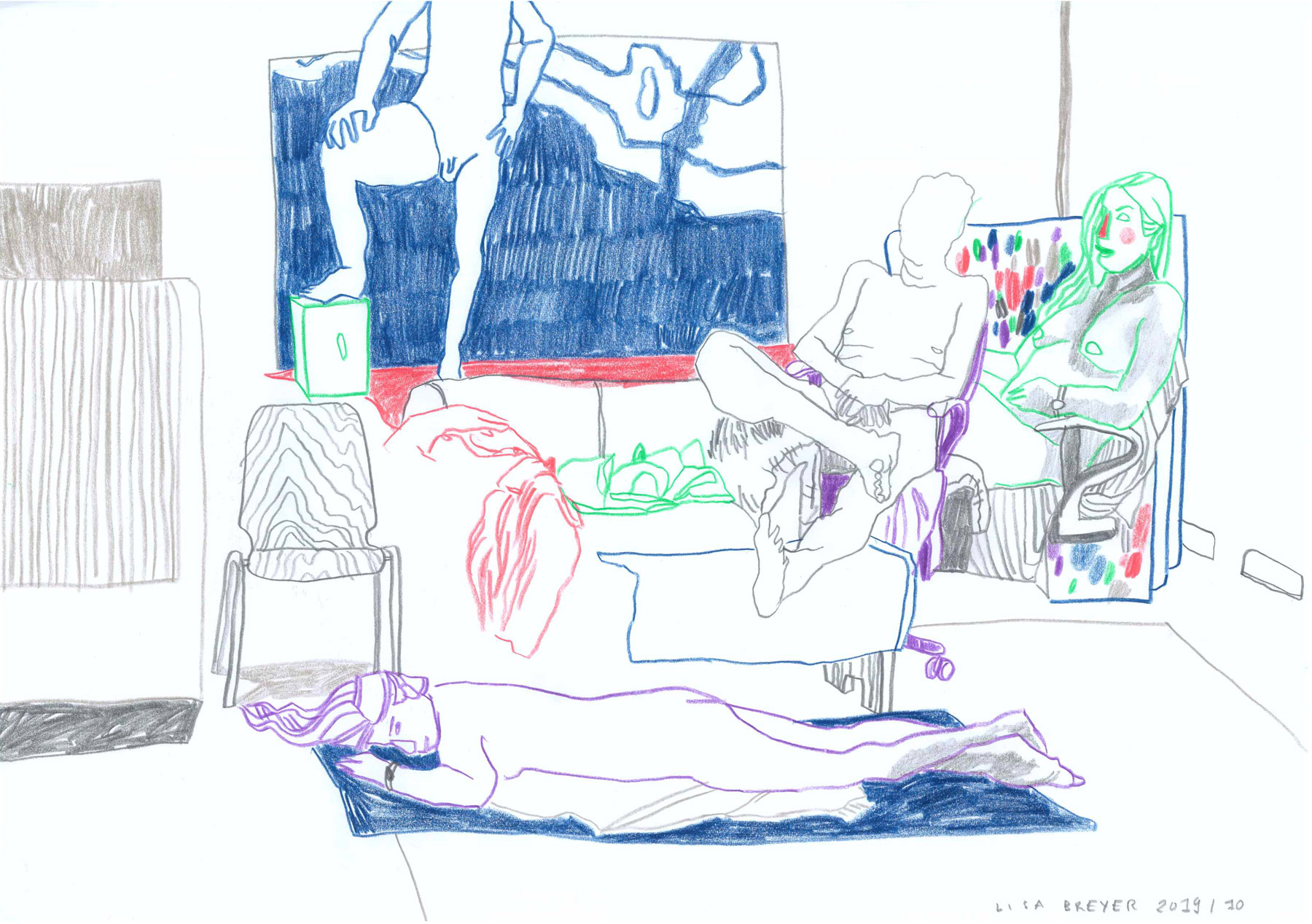 Formation mit Spiegel, colored pencil on paper, 42x29, 2019, Lisa Breyer